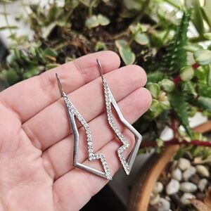 Pair of Silver Rhinestone Eclectic Geometric Modern Hook Dangle Drop Earrings
